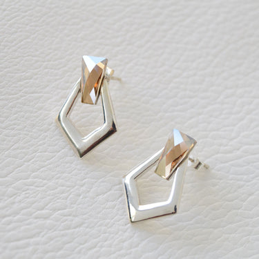 Gorgeous sterling silver earrings in diamond shape adorned with beautiful golden crystal in trapeze shape, silver jewelry