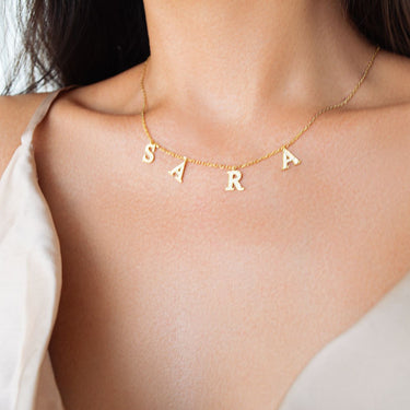 Jewellery, Chain Necklace, 18k Gold Plated Necklace, 18k Pure Gold, Necklace, Silver 925 Necklace, Short Necklace, Handmade, Customisable Necklace, Letters Necklace, Arabic Alphabet Necklace, Latin Alphabet Necklace, Separated Letters Necklace, Zirconium Stones Incrusted.