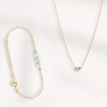 Jewellery Set, Chain Necklace, 18k Gold Plated Necklace, 18k Pure Gold Necklace, Silver 925 Necklace, Long Necklace, Handmade, Green pastel cristal, Chain Bracelet, 18k Gold Plated Bracelet, 18k Pure Gold Bracelet, Silver 925 Bracelet, Green Pastel Crystals, Fine Jewellery, Precious