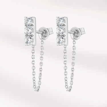 Sterling silver earrings with 3 zircon and a chain that goes behind the ear, silver jewelry